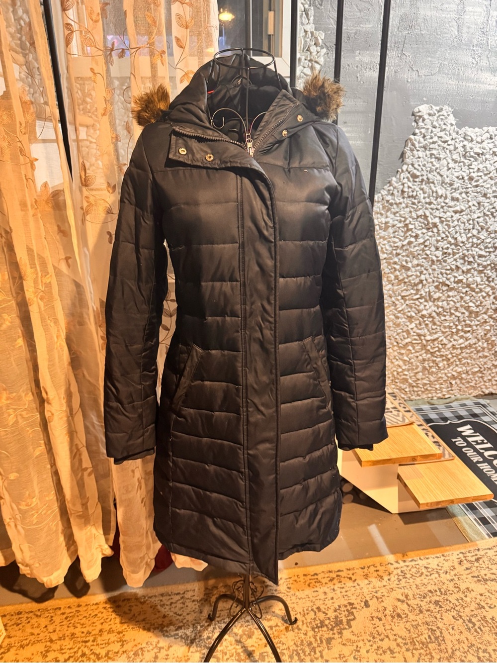 Tommy Hilfiger Black Long Quilted Puffer Coat with Faux Fur Hood Trim